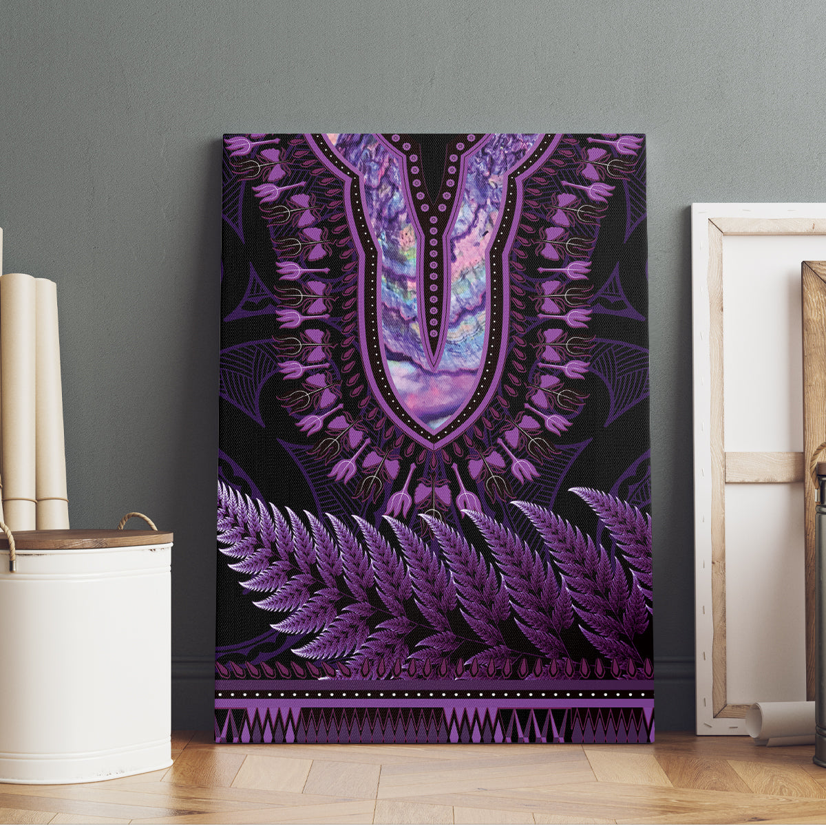 Purple African Dashiki With Aotearoa Maori Canvas Wall Art Paua Shell Mix Silver Fern LT14 - Polynesian Pride