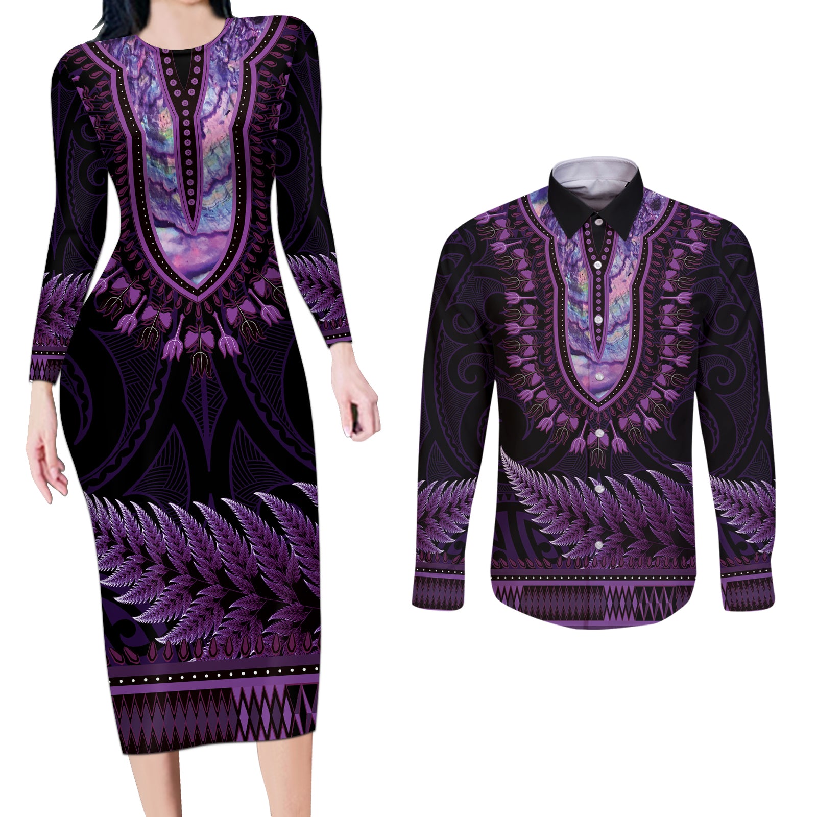 Purple African Dashiki With Aotearoa Maori Couples Matching Long Sleeve Bodycon Dress and Long Sleeve Button Shirt Paua Shell Mix Silver Fern LT14 Purple - Polynesian Pride