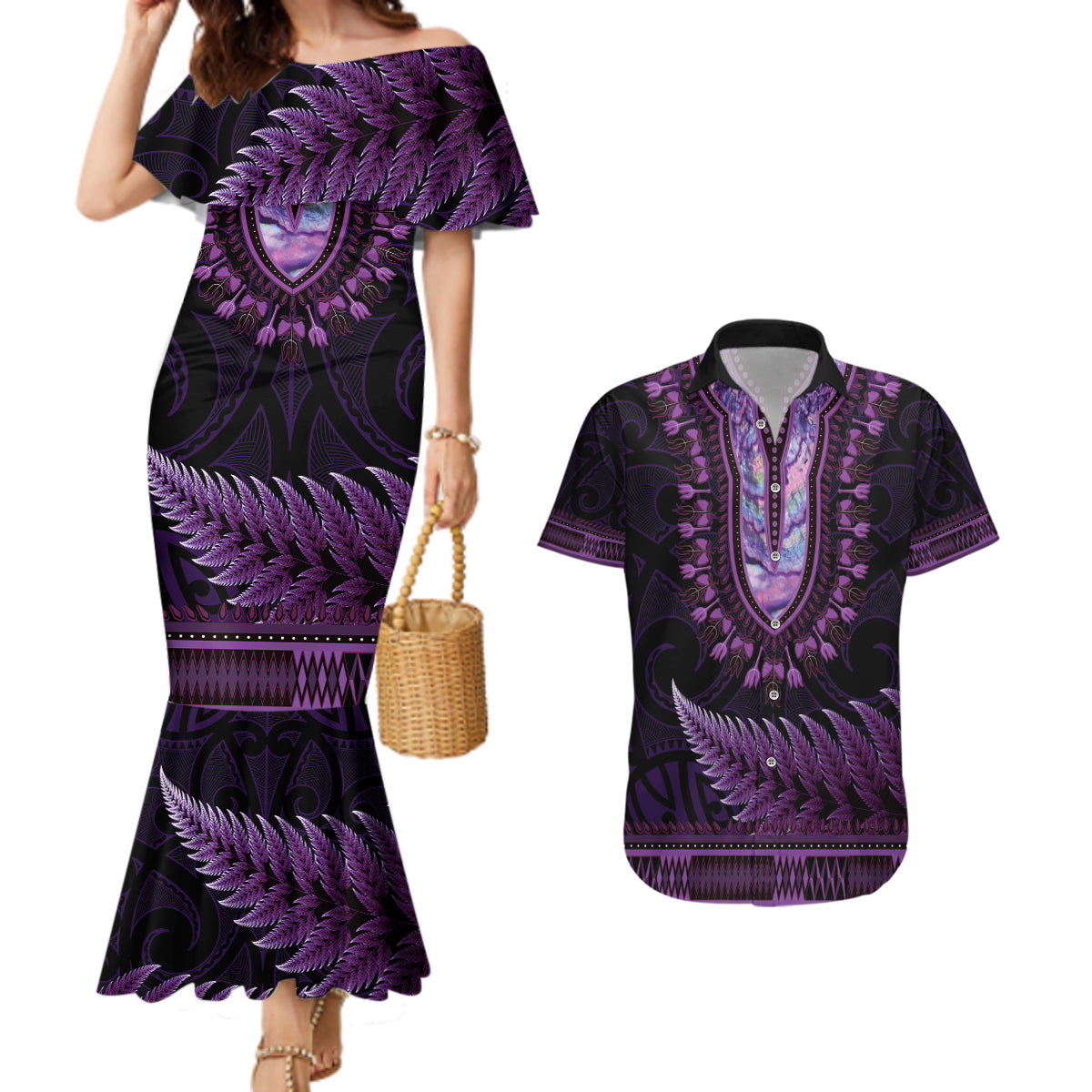 Purple African Dashiki With Aotearoa Maori Couples Matching Mermaid Dress and Hawaiian Shirt Paua Shell Mix Silver Fern