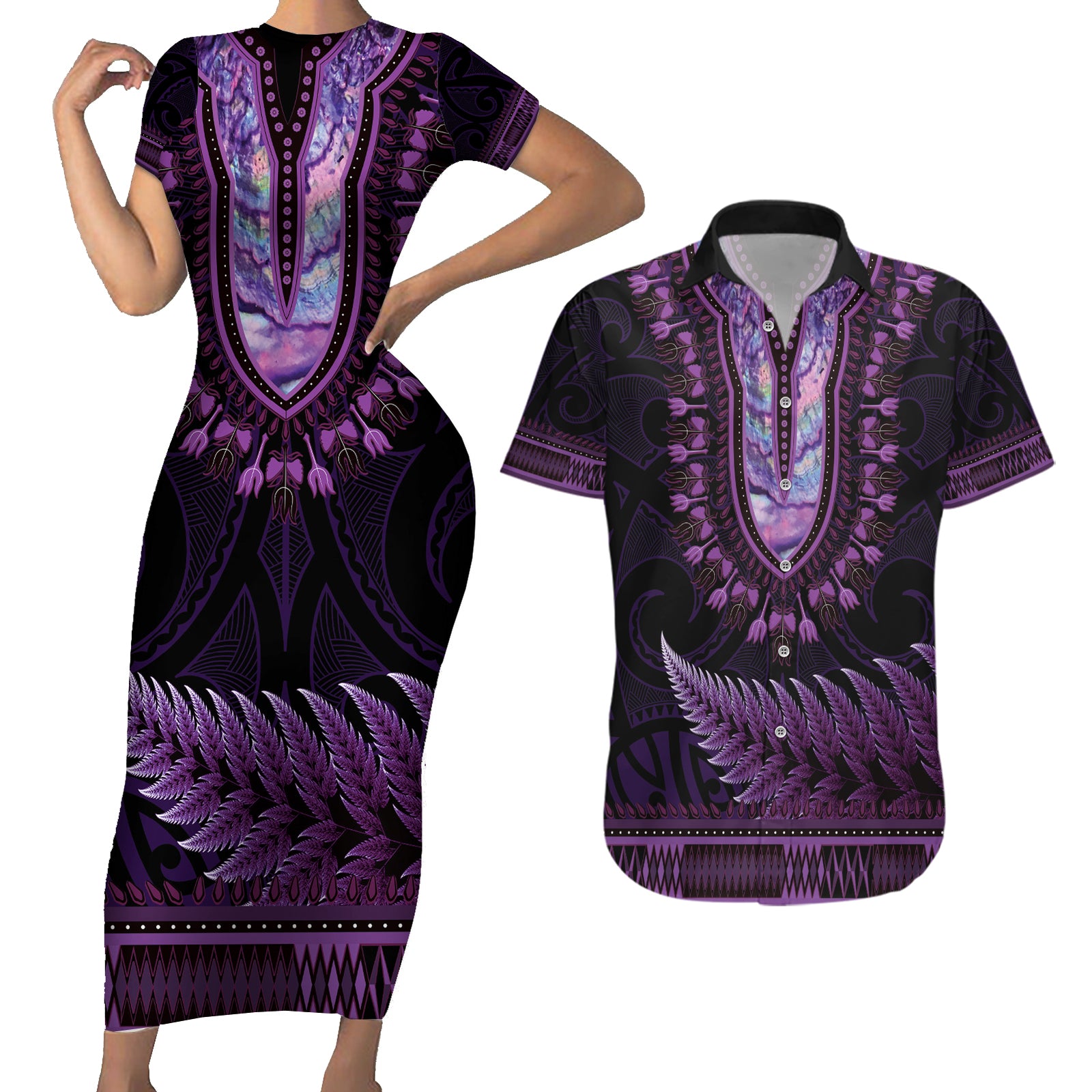 Purple African Dashiki With Aotearoa Maori Couples Matching Short Sleeve Bodycon Dress and Hawaiian Shirt Paua Shell Mix Silver Fern LT14 Purple - Polynesian Pride