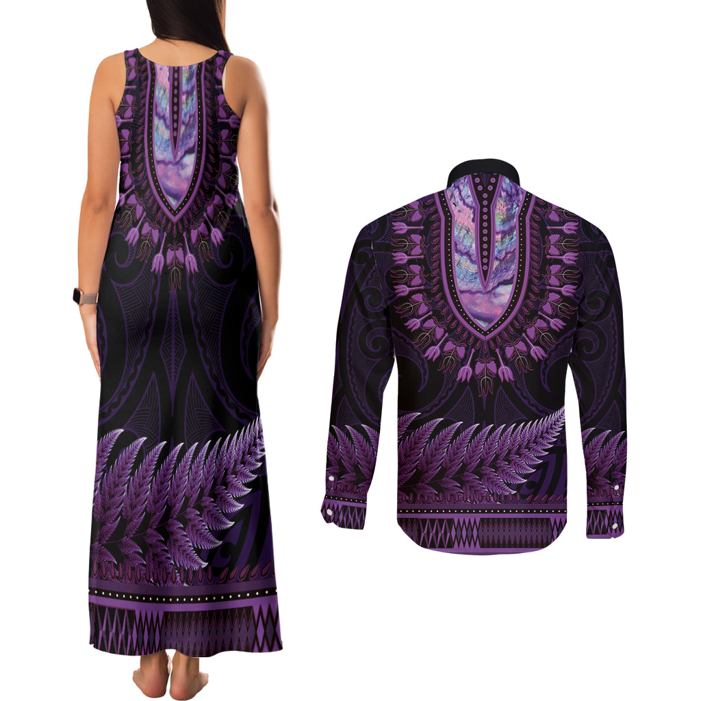 Purple African Dashiki With Aotearoa Maori Couples Matching Tank Maxi Dress and Long Sleeve Button Shirt Paua Shell Mix Silver Fern
