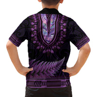 Purple African Dashiki With Aotearoa Maori Family Matching Long Sleeve Bodycon Dress and Hawaiian Shirt Paua Shell Mix Silver Fern LT14 - Polynesian Pride