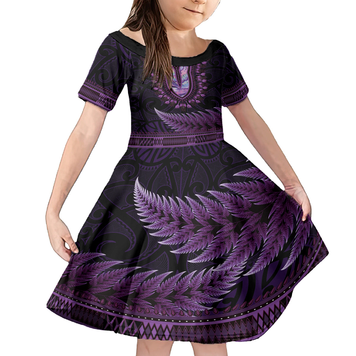 Purple African Dashiki With Aotearoa Maori Family Matching Long Sleeve Bodycon Dress and Hawaiian Shirt Paua Shell Mix Silver Fern LT14 Daughter's Dress Purple - Polynesian Pride