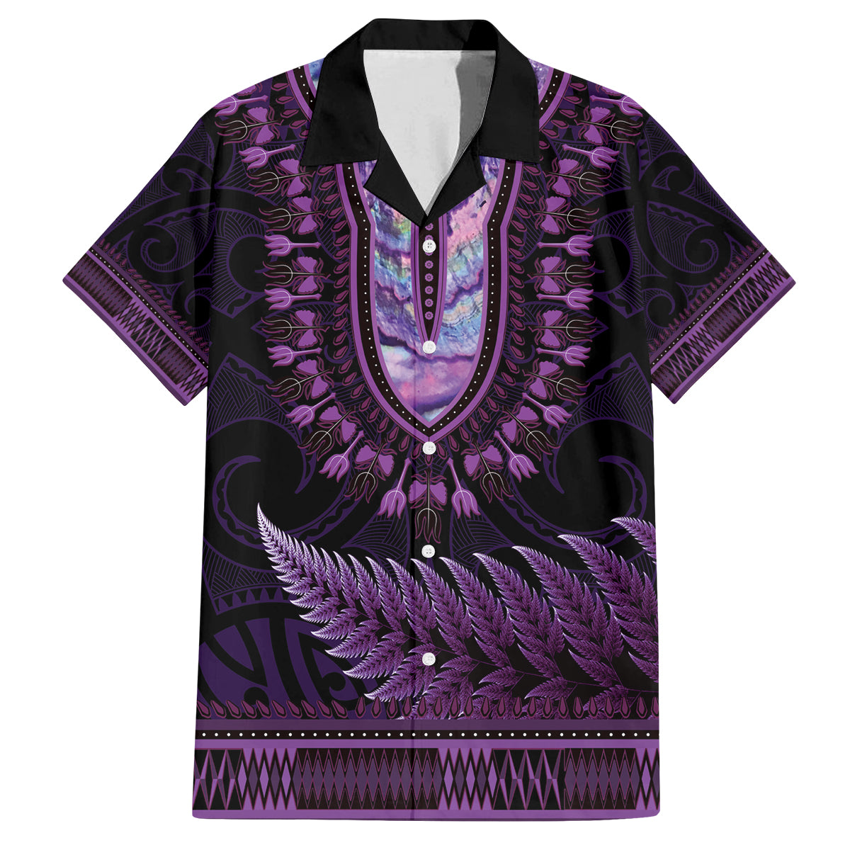 Purple African Dashiki With Aotearoa Maori Family Matching Long Sleeve Bodycon Dress and Hawaiian Shirt Paua Shell Mix Silver Fern LT14 Dad's Shirt - Short Sleeve Purple - Polynesian Pride