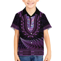Purple African Dashiki With Aotearoa Maori Family Matching Long Sleeve Bodycon Dress and Hawaiian Shirt Paua Shell Mix Silver Fern LT14 Son's Shirt Purple - Polynesian Pride