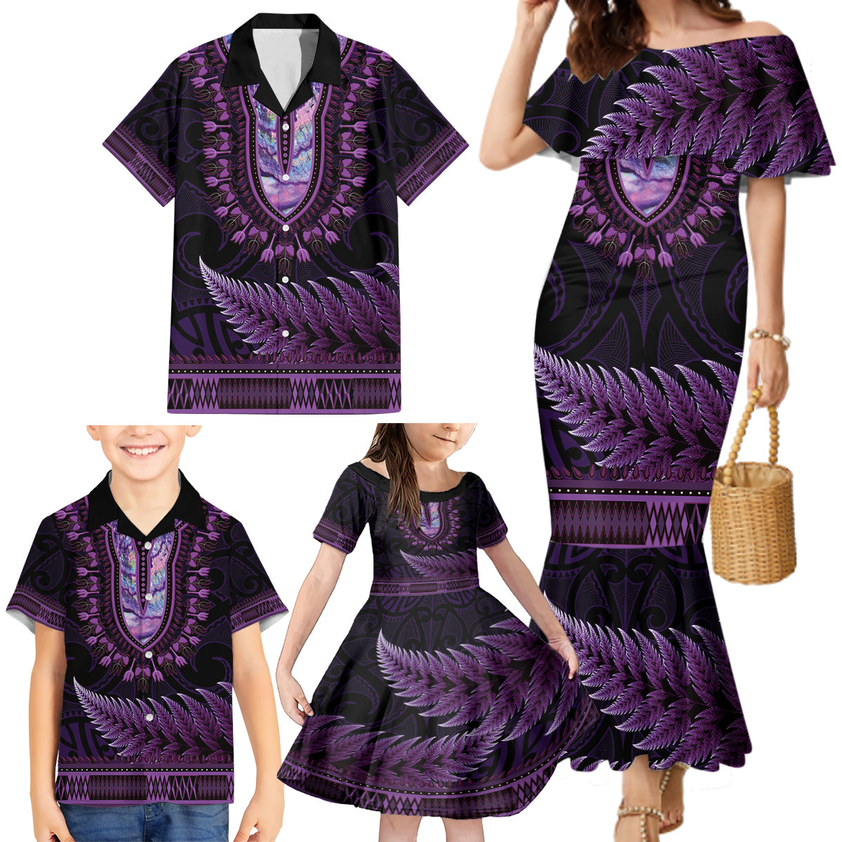 Purple African Dashiki With Aotearoa Maori Family Matching Mermaid Dress and Hawaiian Shirt Paua Shell Mix Silver Fern