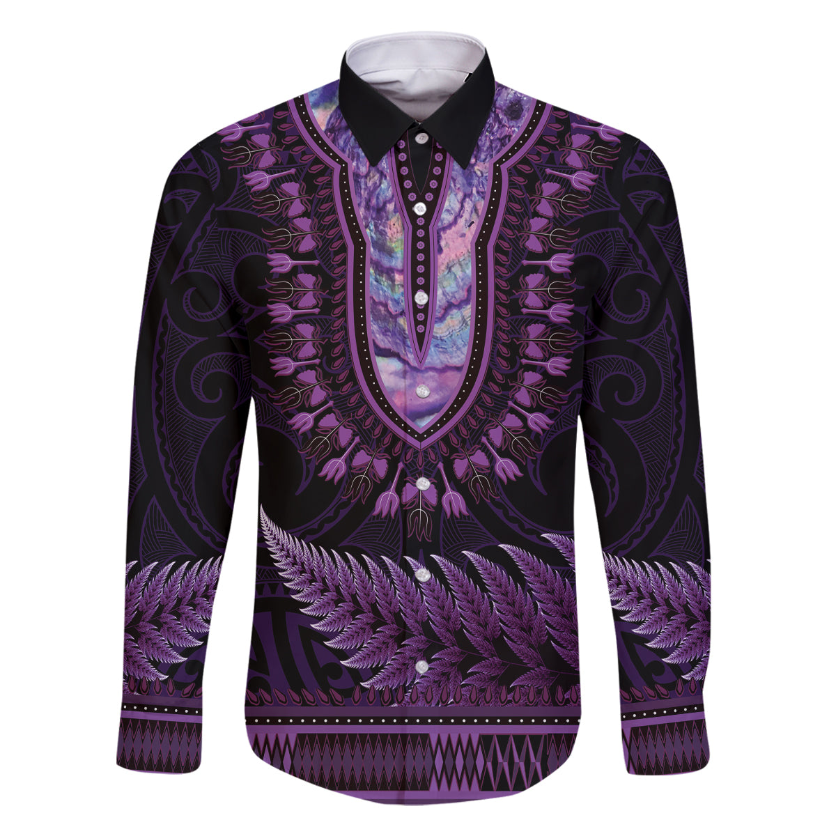 Purple African Dashiki With Aotearoa Maori Family Matching Off The Shoulder Long Sleeve Dress and Hawaiian Shirt Paua Shell Mix Silver Fern