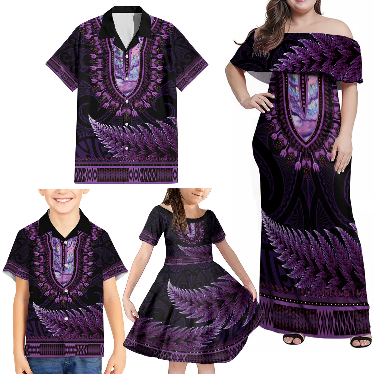 Purple African Dashiki With Aotearoa Maori Family Matching Off Shoulder Maxi Dress and Hawaiian Shirt Paua Shell Mix Silver Fern LT14 - Polynesian Pride