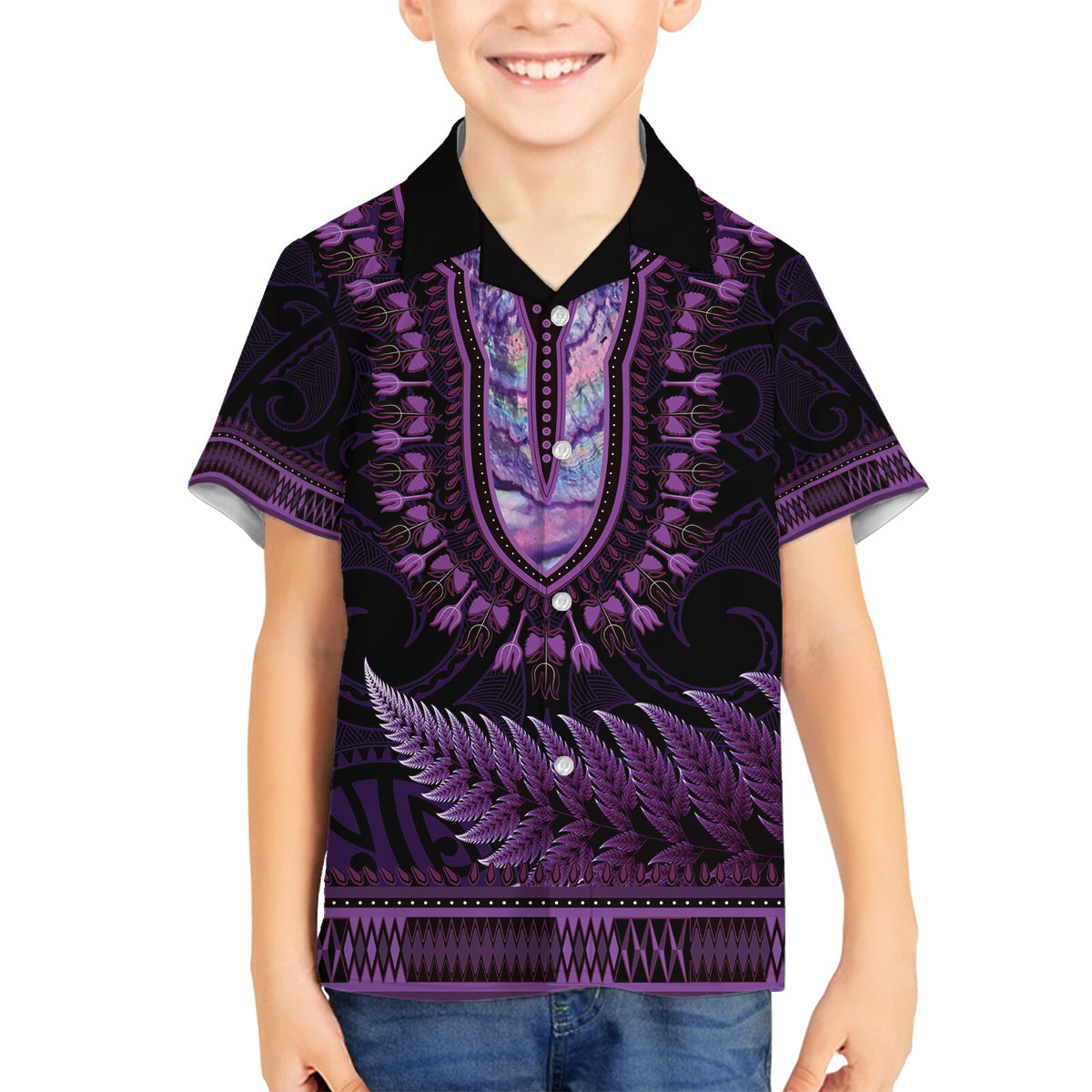 Purple African Dashiki With Aotearoa Maori Family Matching Off Shoulder Short Dress and Hawaiian Shirt Paua Shell Mix Silver Fern LT14 Son's Shirt Purple - Polynesian Pride