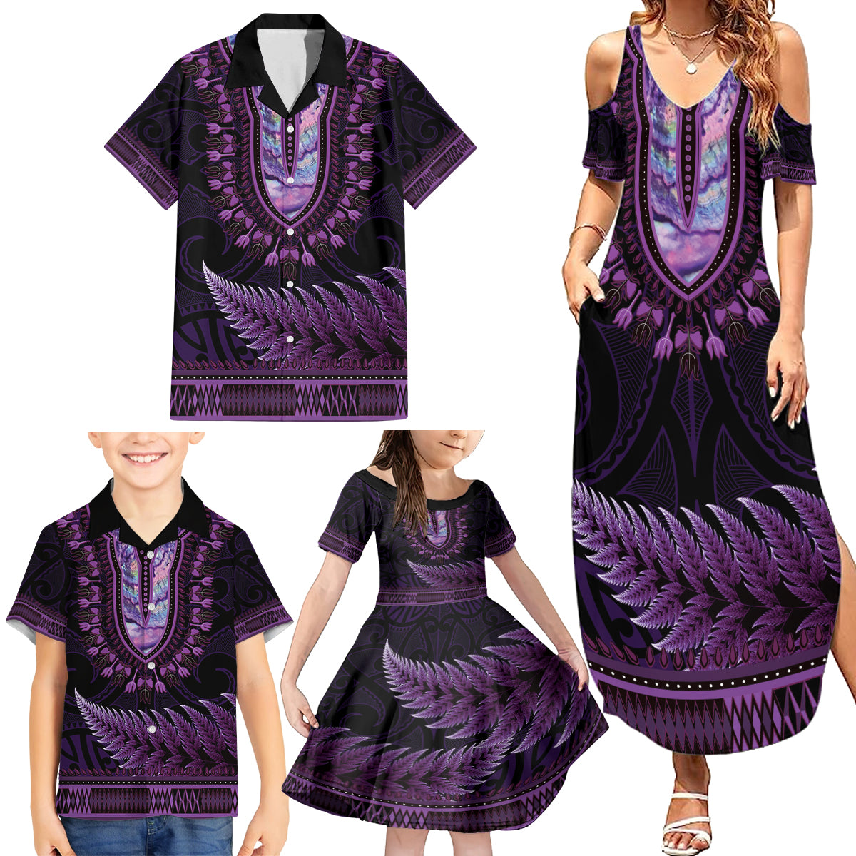 Purple African Dashiki With Aotearoa Maori Family Matching Summer Maxi Dress and Hawaiian Shirt Paua Shell Mix Silver Fern LT14 - Polynesian Pride