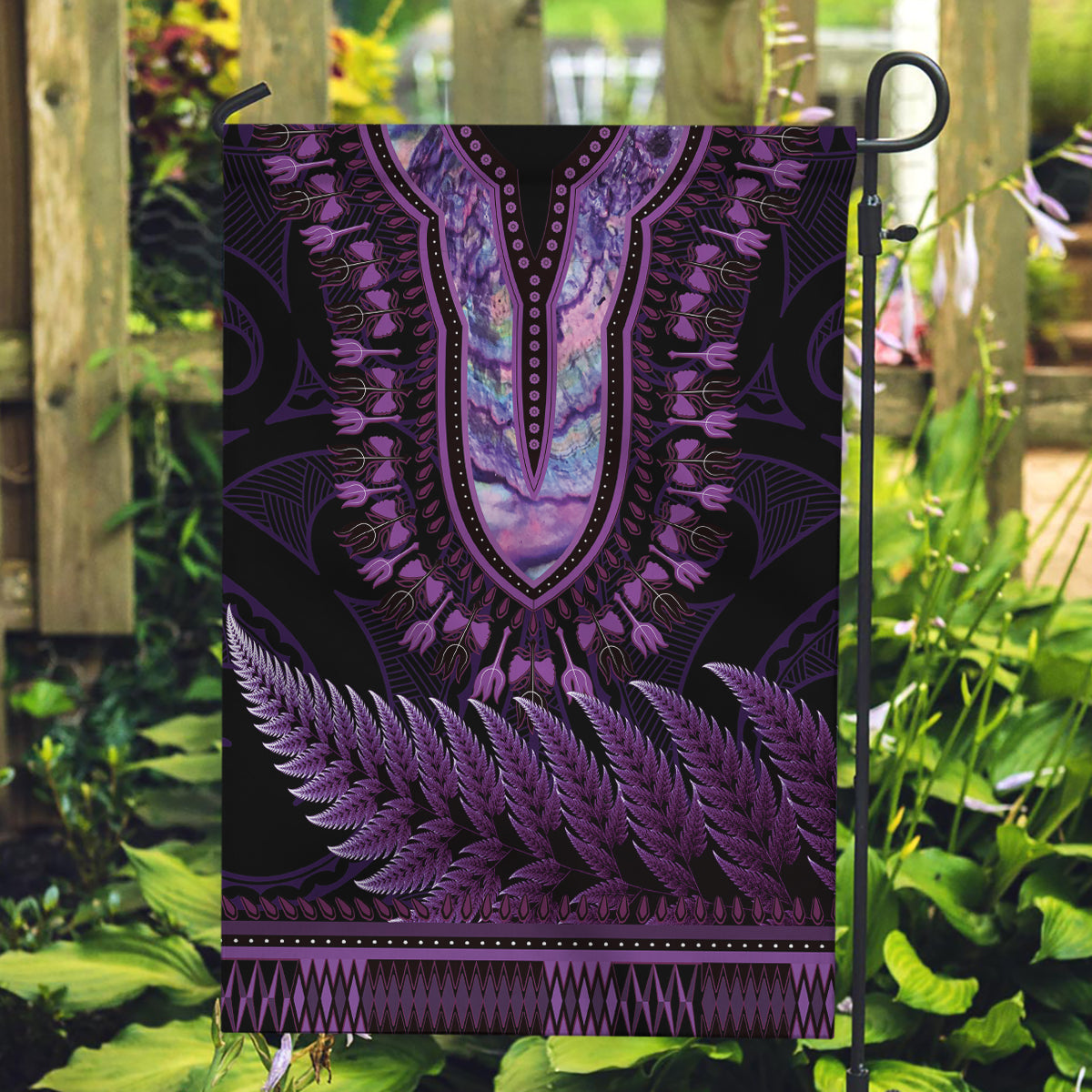 Purple African Dashiki With Aotearoa Maori Garden Flag Paua Shell Mix Silver Fern LT14 Garden Flag Purple - Polynesian Pride