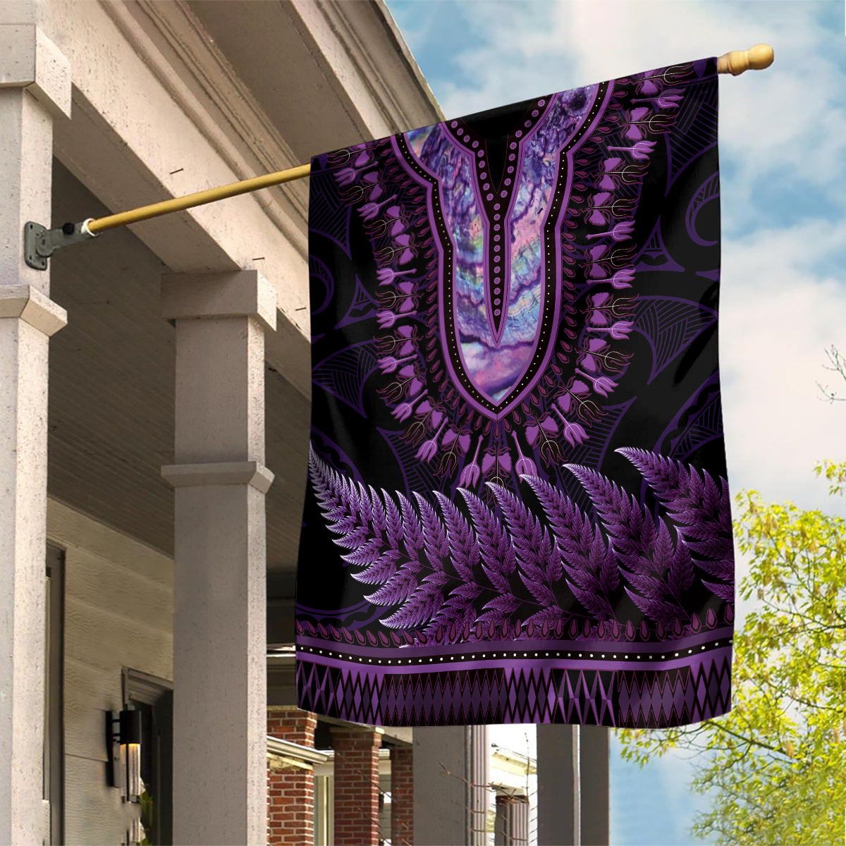 Purple African Dashiki With Aotearoa Maori Garden Flag Paua Shell Mix Silver Fern LT14 House Flag Purple - Polynesian Pride