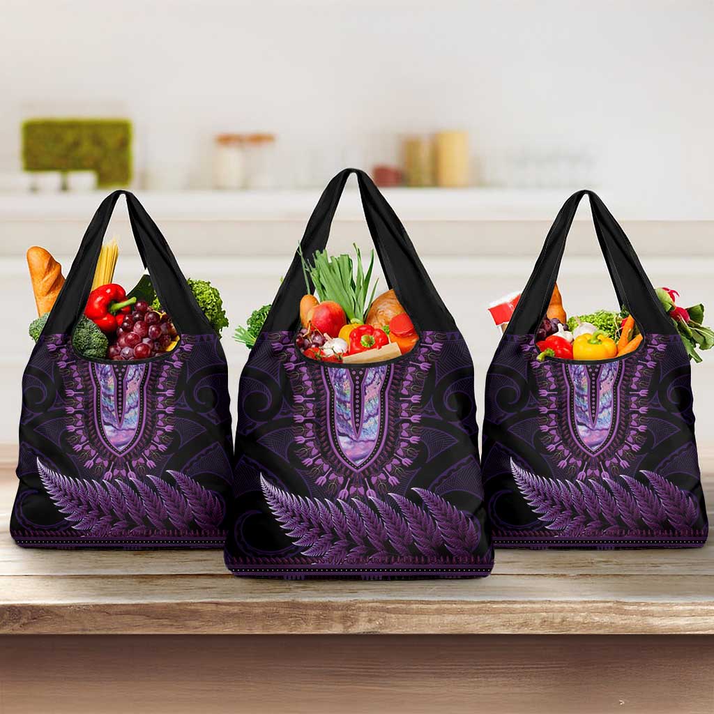 Purple African Dashiki With Aotearoa Maori Grocery Bag Paua Shell Mix Silver Fern LT14 3-pack One Size Purple - Polynesian Pride