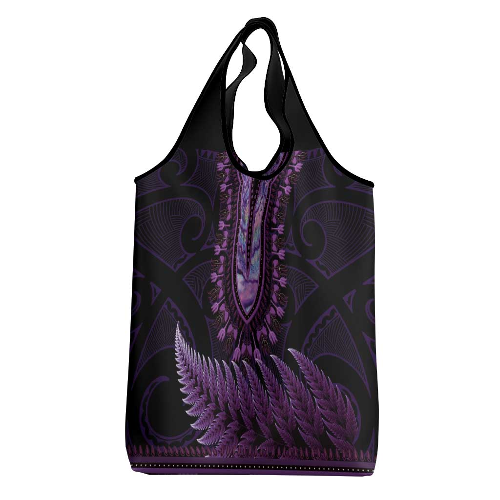 Purple African Dashiki With Aotearoa Maori Grocery Bag Paua Shell Mix Silver Fern LT14 - Polynesian Pride