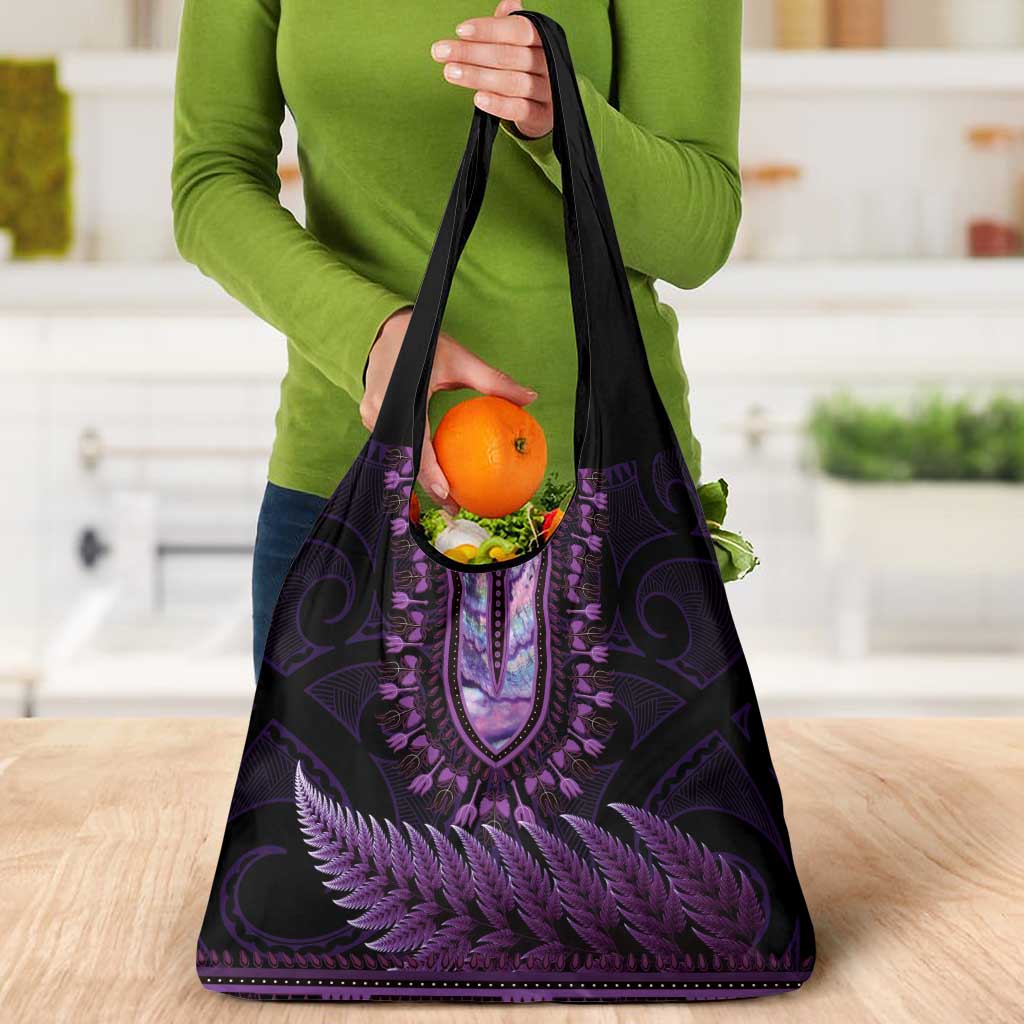 Purple African Dashiki With Aotearoa Maori Grocery Bag Paua Shell Mix Silver Fern LT14 - Polynesian Pride