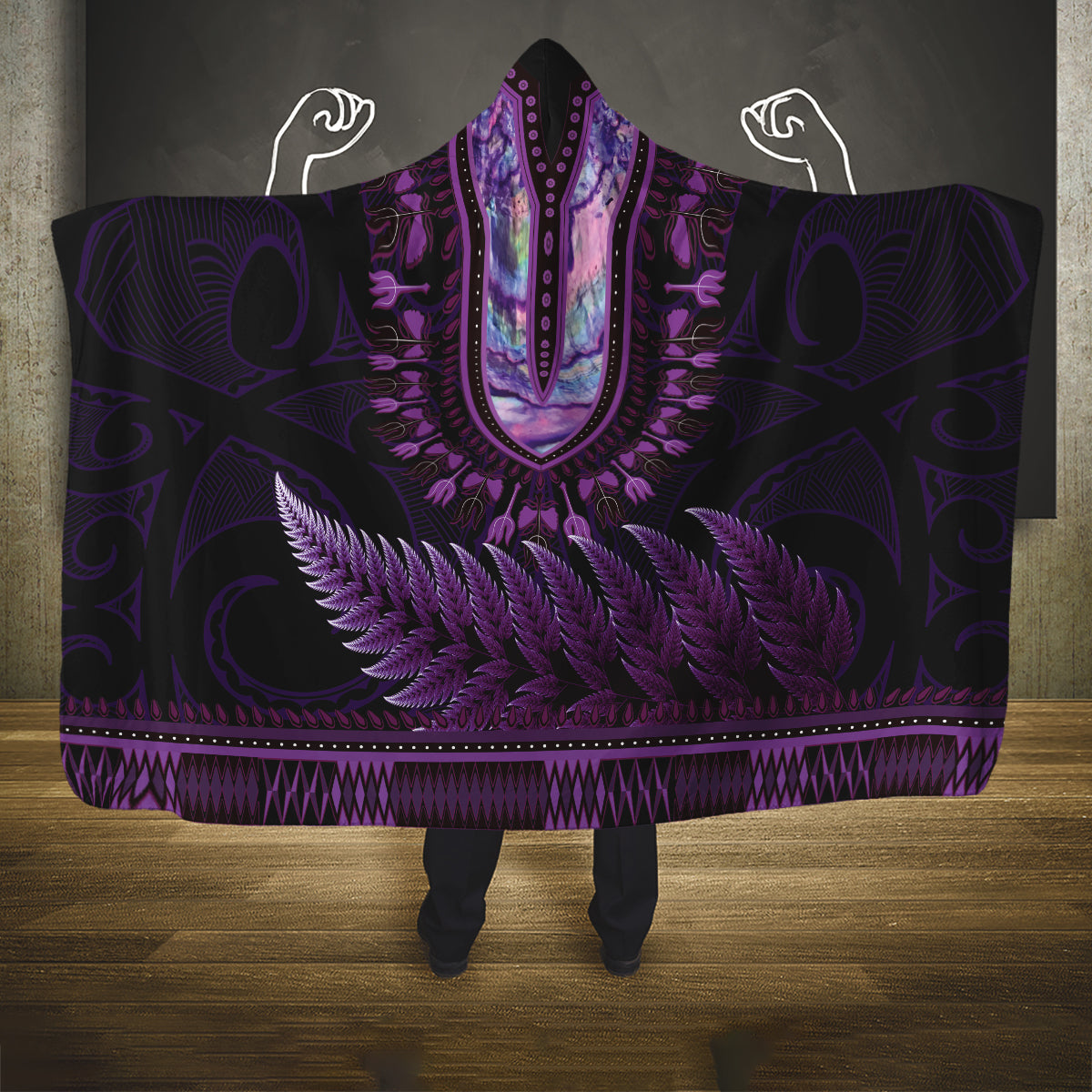 Purple African Dashiki With Aotearoa Maori Hooded Blanket Paua Shell Mix Silver Fern LT14 One Size Purple - Polynesian Pride