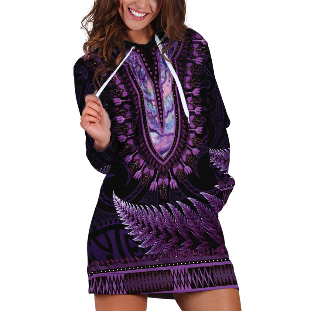 Purple African Dashiki With Aotearoa Maori Hoodie Dress Paua Shell Mix Silver Fern LT14 Purple - Polynesian Pride