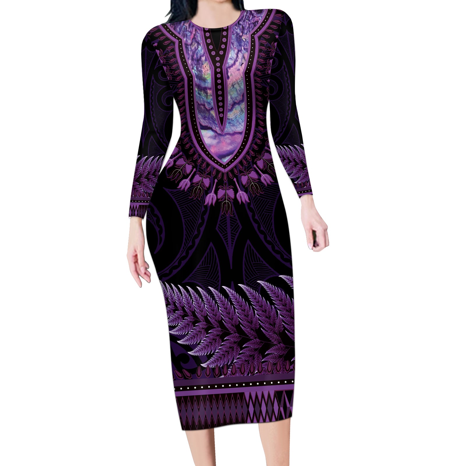 Purple African Dashiki With Aotearoa Maori Long Sleeve Bodycon Dress Paua Shell Mix Silver Fern