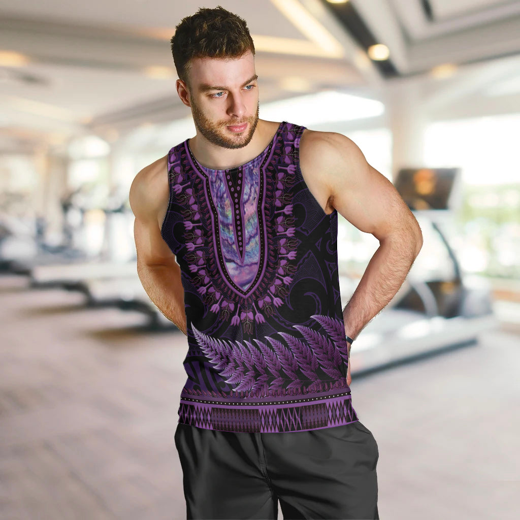 Purple African Dashiki With Aotearoa Maori Men Tank Top Paua Shell Mix Silver Fern LT14 Purple - Polynesian Pride