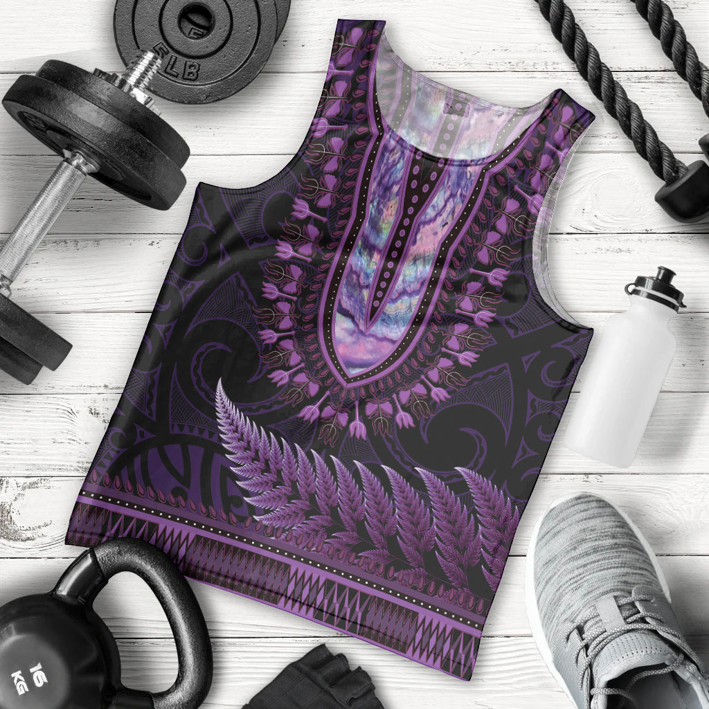 Purple African Dashiki With Aotearoa Maori Men Tank Top Paua Shell Mix Silver Fern LT14 - Polynesian Pride