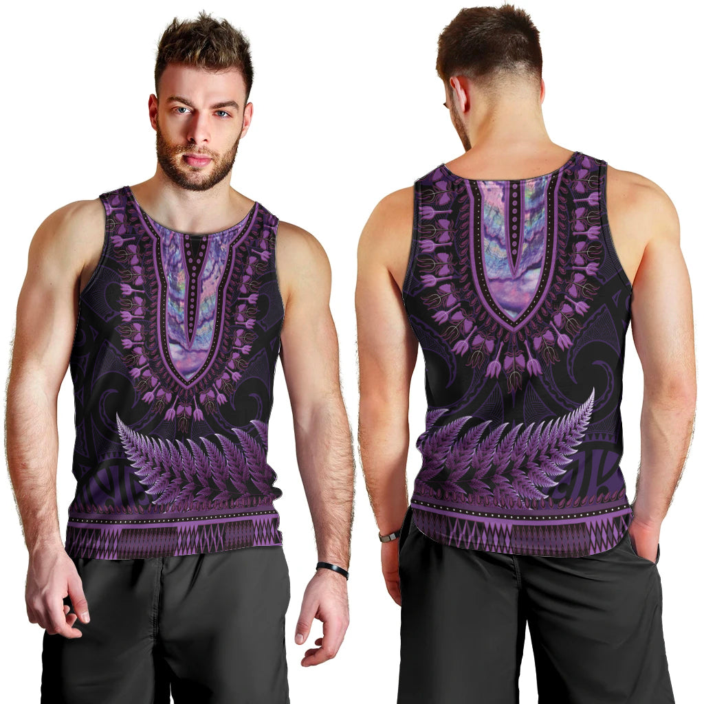 Purple African Dashiki With Aotearoa Maori Men Tank Top Paua Shell Mix Silver Fern LT14 - Polynesian Pride