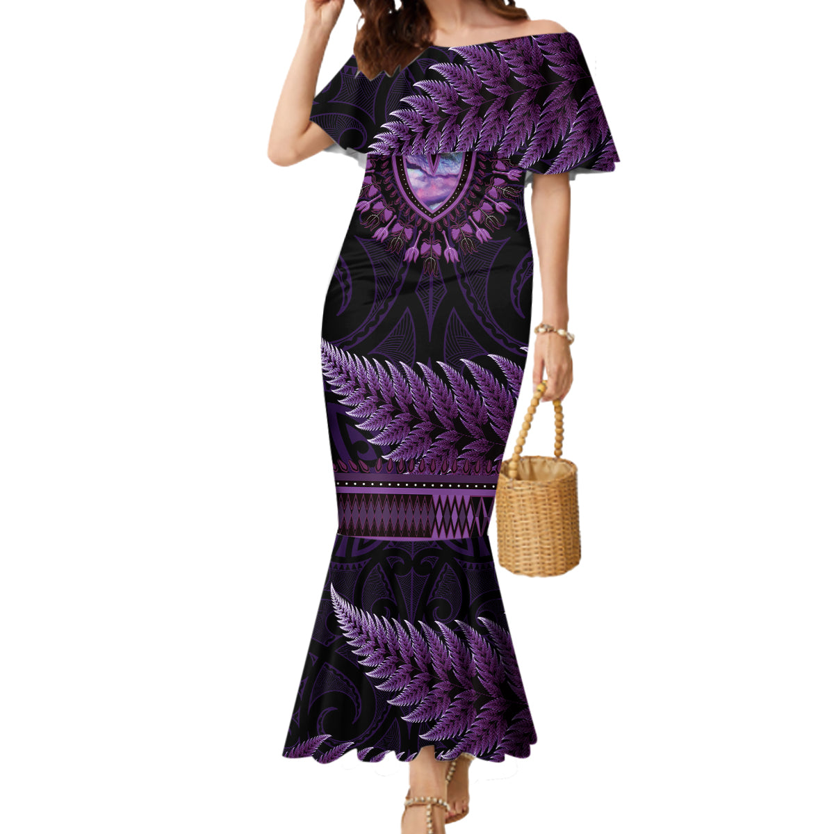 Purple African Dashiki With Aotearoa Maori Mermaid Dress Paua Shell Mix Silver Fern