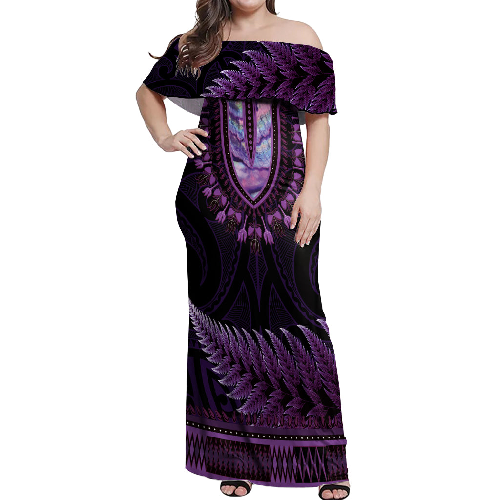 Purple African Dashiki With Aotearoa Maori Off Shoulder Maxi Dress Paua Shell Mix Silver Fern LT14 Women Purple - Polynesian Pride