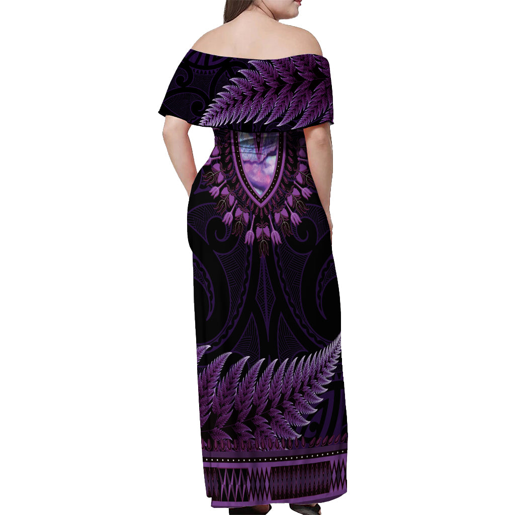 Purple African Dashiki With Aotearoa Maori Off Shoulder Maxi Dress Paua Shell Mix Silver Fern