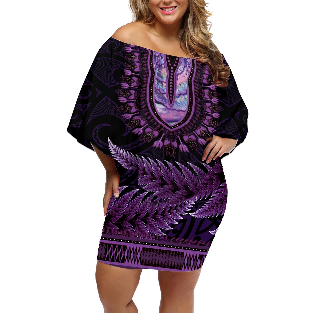Purple African Dashiki With Aotearoa Maori Off Shoulder Short Dress Paua Shell Mix Silver Fern LT14 Women Purple - Polynesian Pride