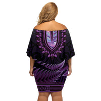 Purple African Dashiki With Aotearoa Maori Off Shoulder Short Dress Paua Shell Mix Silver Fern LT14 - Polynesian Pride