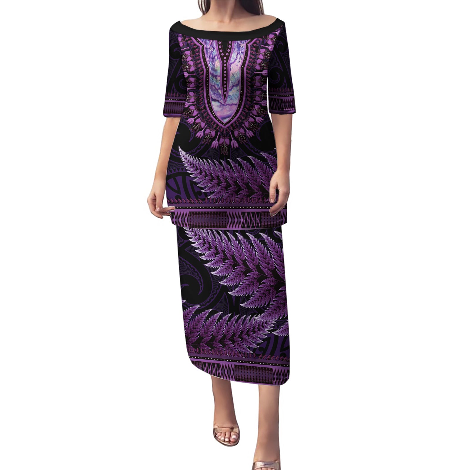 Purple African Dashiki With Aotearoa Maori Puletasi Paua Shell Mix Silver Fern LT14 Long Dress Purple - Polynesian Pride