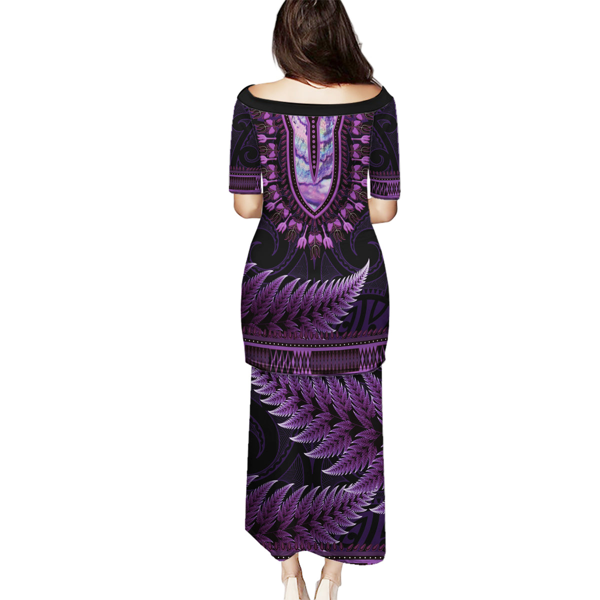 Purple African Dashiki With Aotearoa Maori Puletasi Paua Shell Mix Silver Fern LT14 - Polynesian Pride