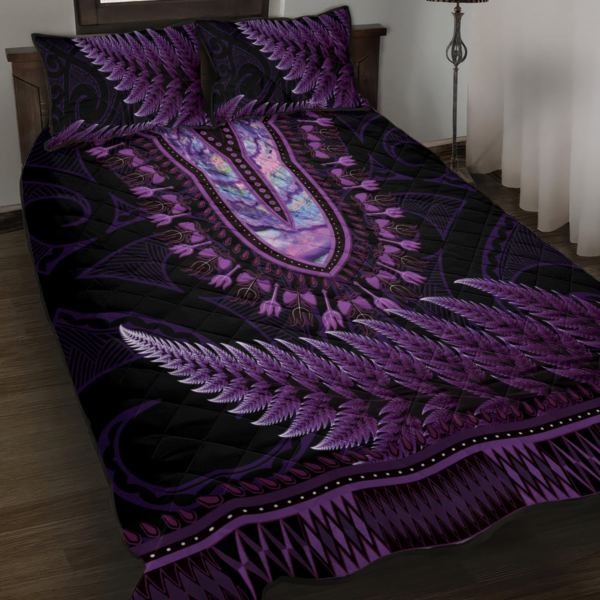 Purple African Dashiki With Aotearoa Maori Quilt Bed Set Paua Shell Mix Silver Fern LT14 Purple - Polynesian Pride