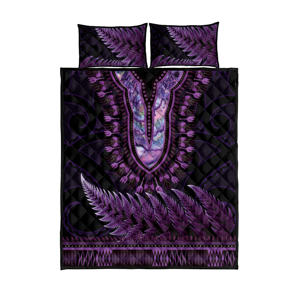 Purple African Dashiki With Aotearoa Maori Quilt Bed Set Paua Shell Mix Silver Fern LT14 - Polynesian Pride