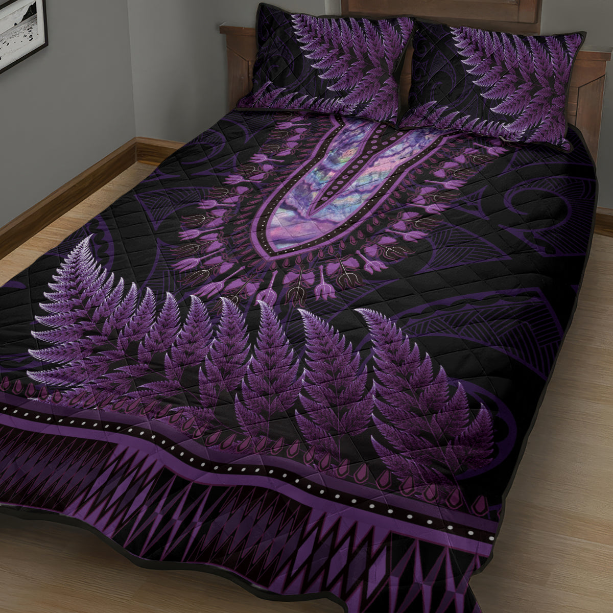 Purple African Dashiki With Aotearoa Maori Quilt Bed Set Paua Shell Mix Silver Fern LT14 - Polynesian Pride