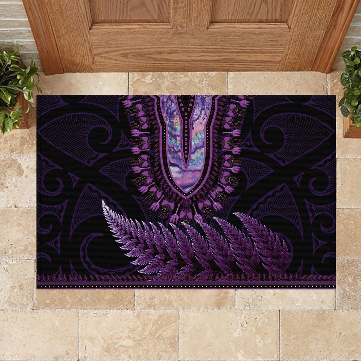 Purple African Dashiki With Aotearoa Maori Rubber Doormat Paua Shell Mix Silver Fern LT14 - Polynesian Pride