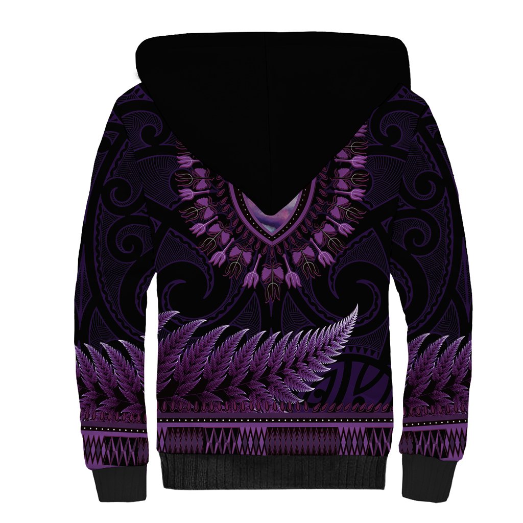 Purple African Dashiki With Aotearoa Maori Sherpa Hoodie Paua Shell Mix Silver Fern LT14 - Polynesian Pride