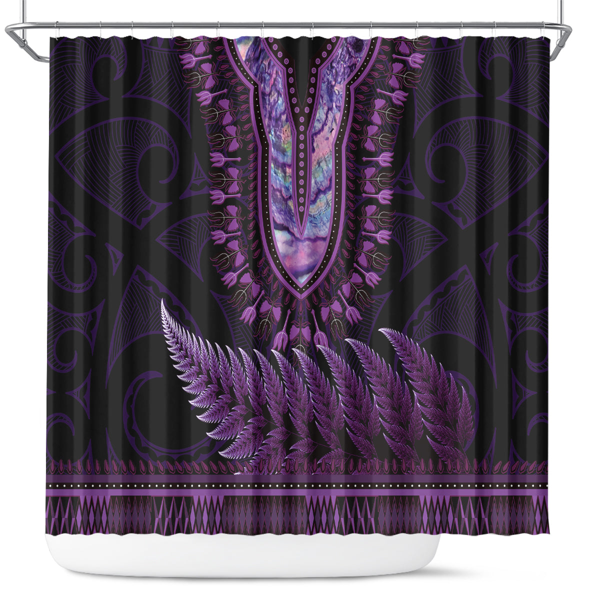 Purple African Dashiki With Aotearoa Maori Shower Curtain Paua Shell Mix Silver Fern