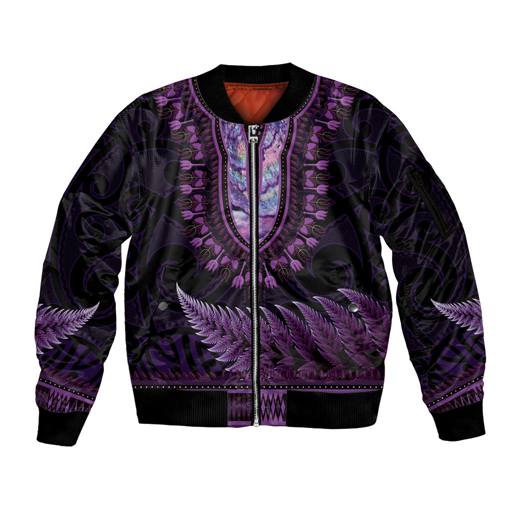 Purple African Dashiki With Aotearoa Maori Sleeve Zip Bomber Jacket Paua Shell Mix Silver Fern LT14 Unisex Purple - Polynesian Pride