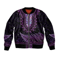 Purple African Dashiki With Aotearoa Maori Sleeve Zip Bomber Jacket Paua Shell Mix Silver Fern LT14 Unisex Purple - Polynesian Pride