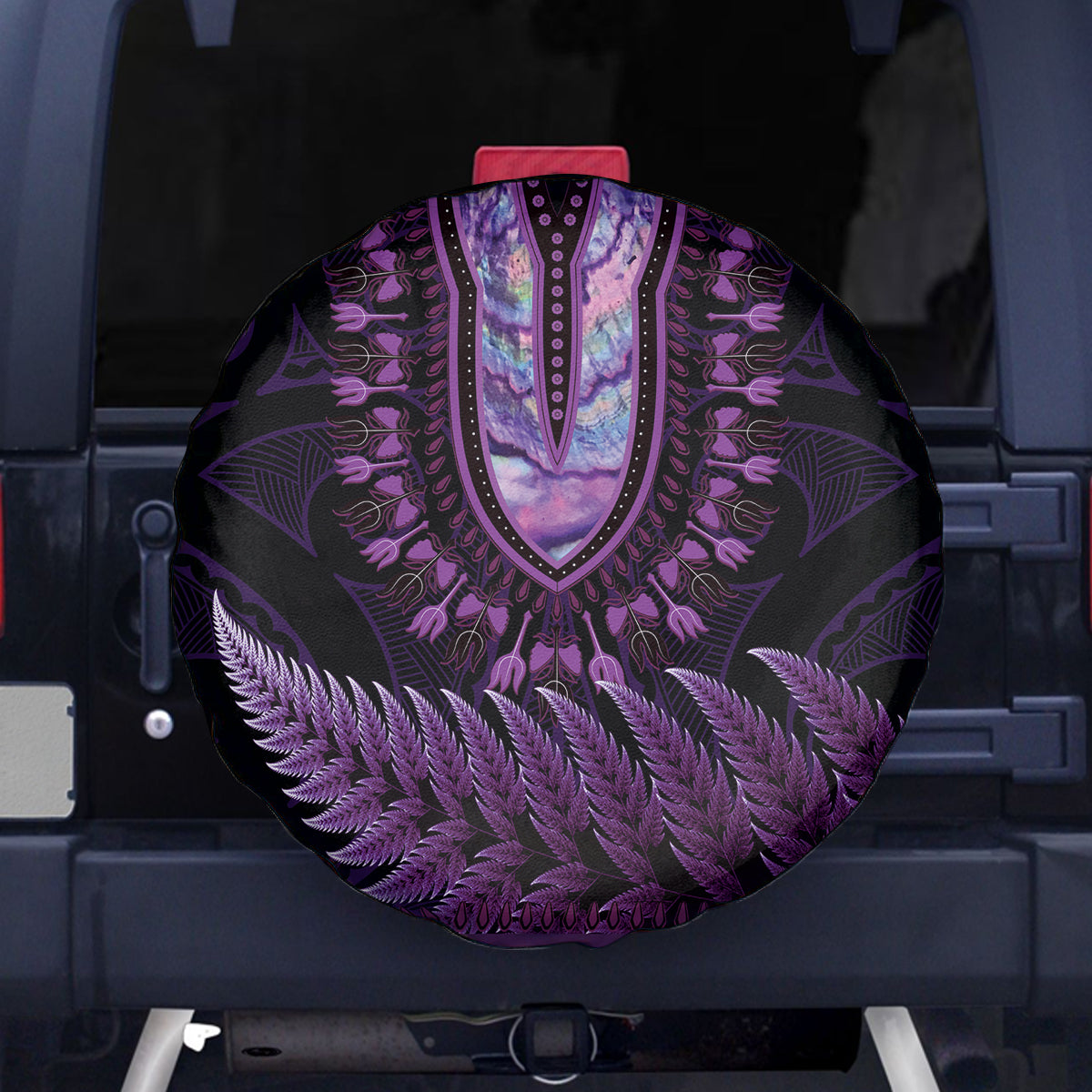 Purple African Dashiki With Aotearoa Maori Spare Tire Cover Paua Shell Mix Silver Fern LT14 - Polynesian Pride