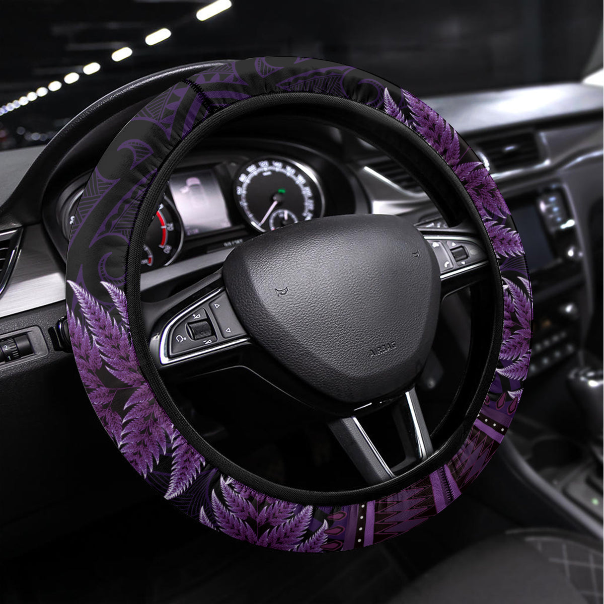 Purple African Dashiki With Aotearoa Maori Steering Wheel Cover Paua Shell Mix Silver Fern LT14 Universal Fit Purple - Polynesian Pride
