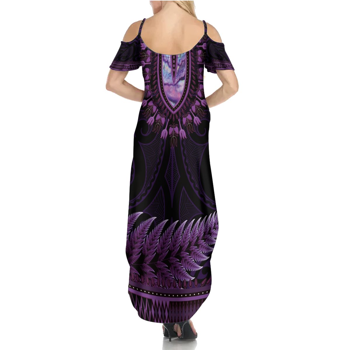 Purple African Dashiki With Aotearoa Maori Summer Maxi Dress Paua Shell Mix Silver Fern LT14 - Polynesian Pride