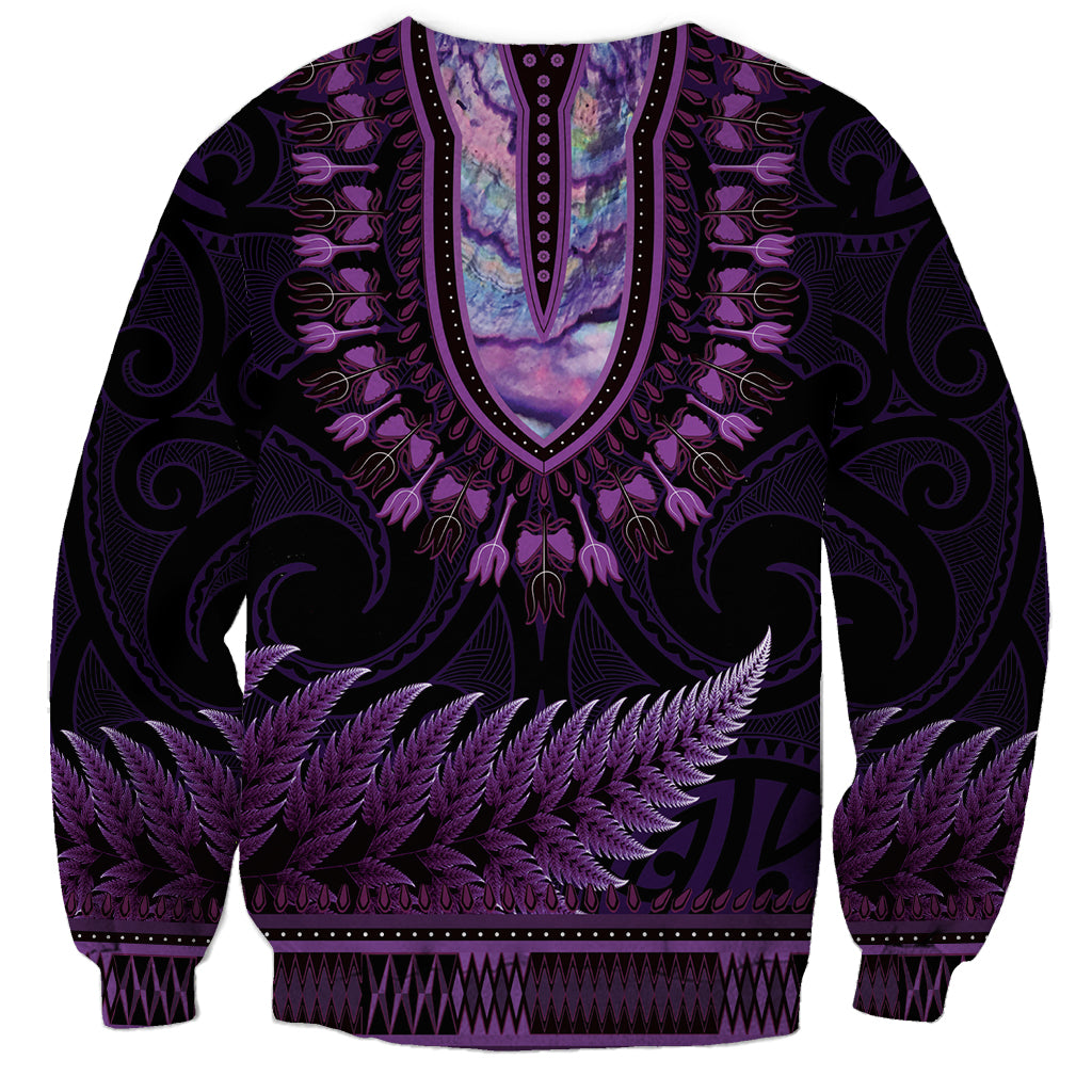 Purple African Dashiki With Aotearoa Maori Sweatshirt Paua Shell Mix Silver Fern LT14 - Polynesian Pride