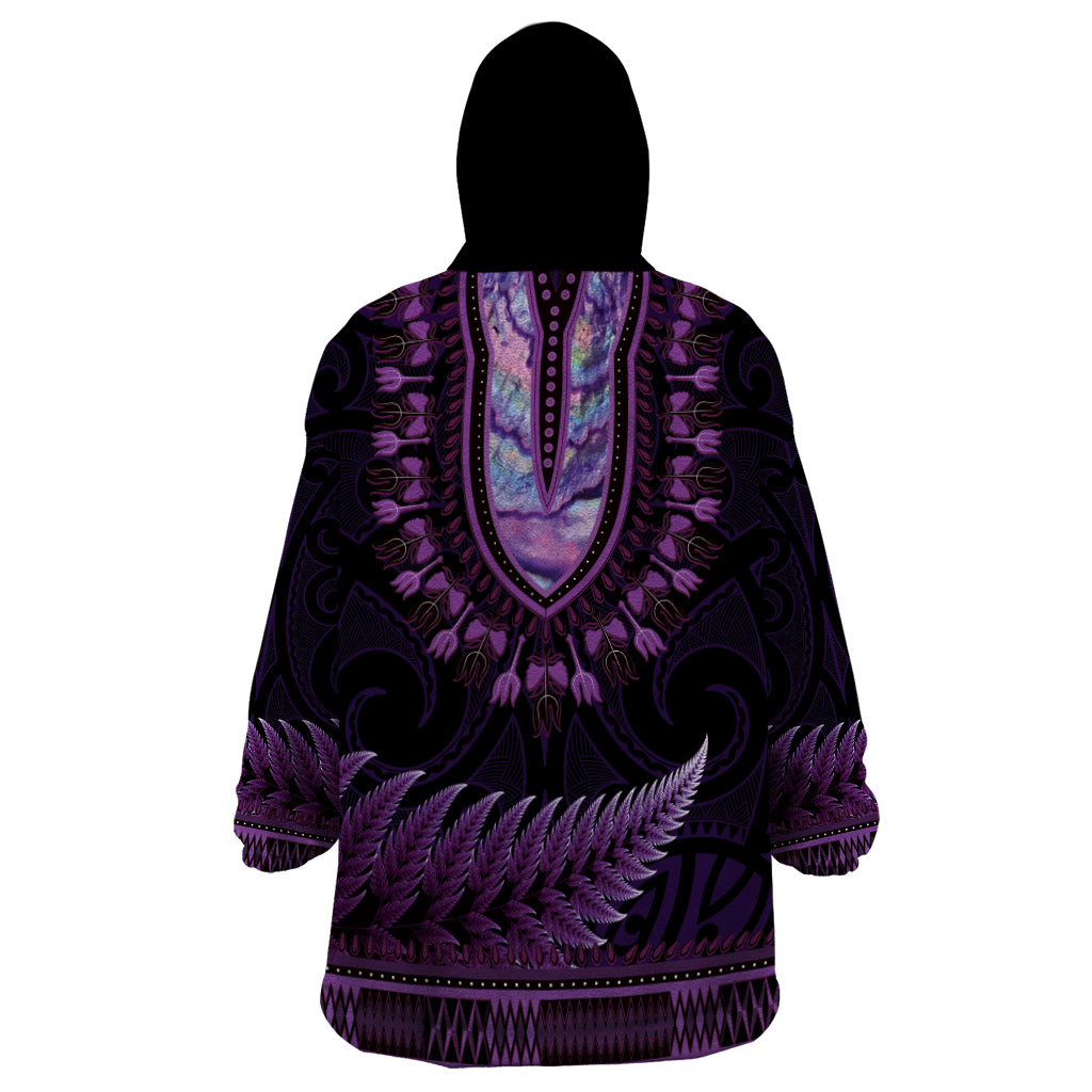 Purple African Dashiki With Aotearoa Maori Wearable Blanket Hoodie Paua Shell Mix Silver Fern LT14 - Polynesian Pride