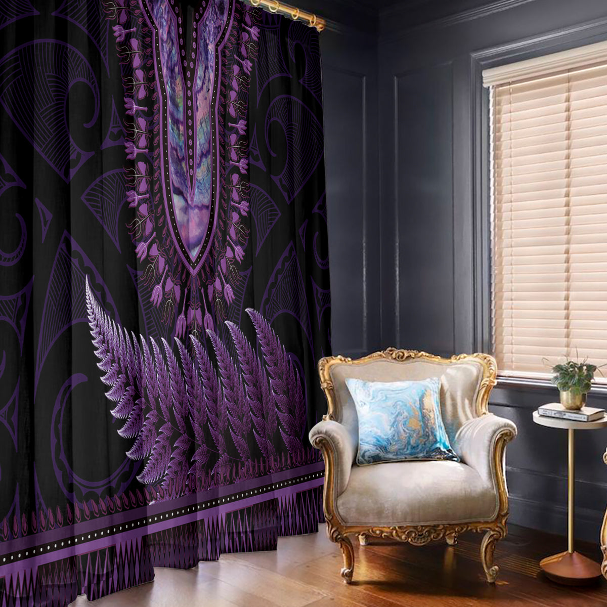 Purple African Dashiki With Aotearoa Maori Window Curtain Paua Shell Mix Silver Fern LT14 - Polynesian Pride