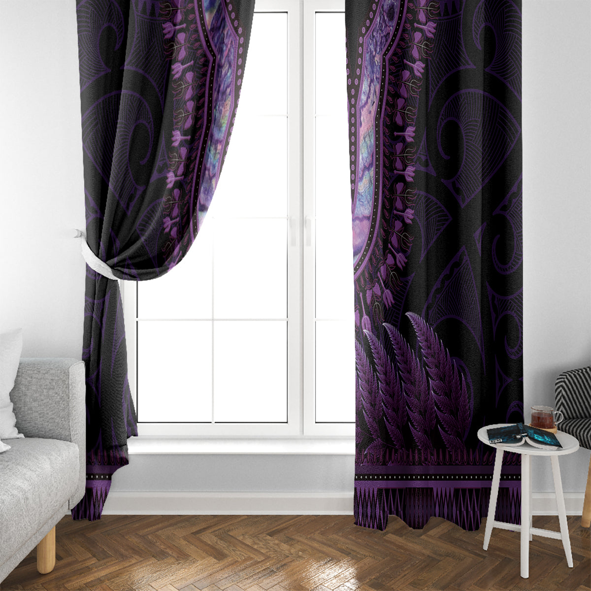 Purple African Dashiki With Aotearoa Maori Window Curtain Paua Shell Mix Silver Fern LT14 - Polynesian Pride