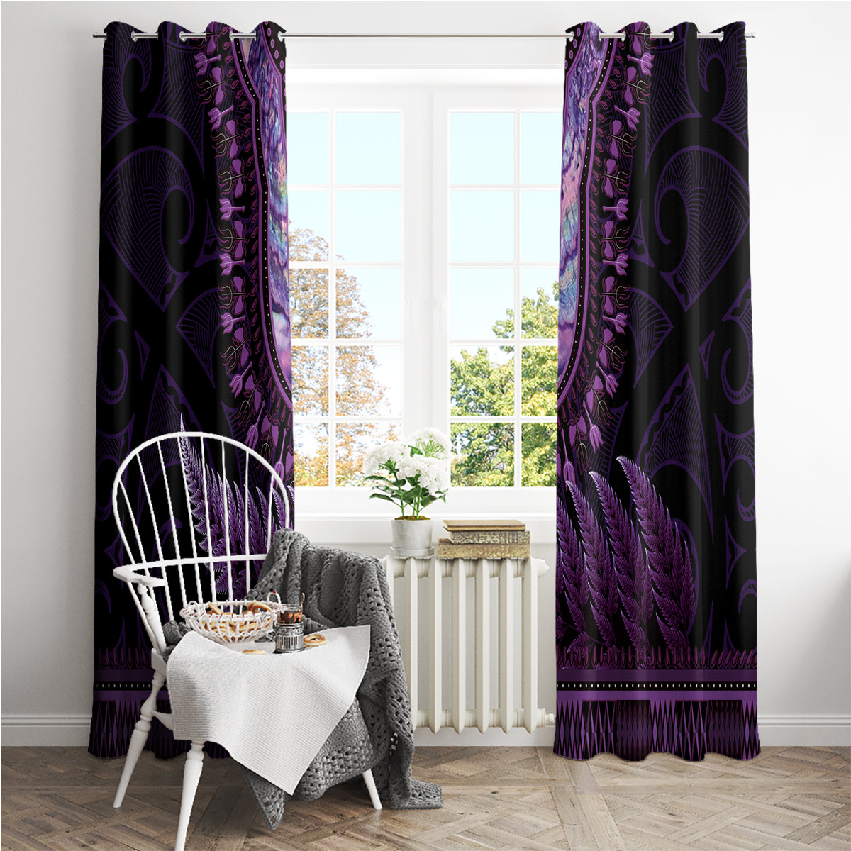 Purple African Dashiki With Aotearoa Maori Window Curtain Paua Shell Mix Silver Fern LT14 - Polynesian Pride