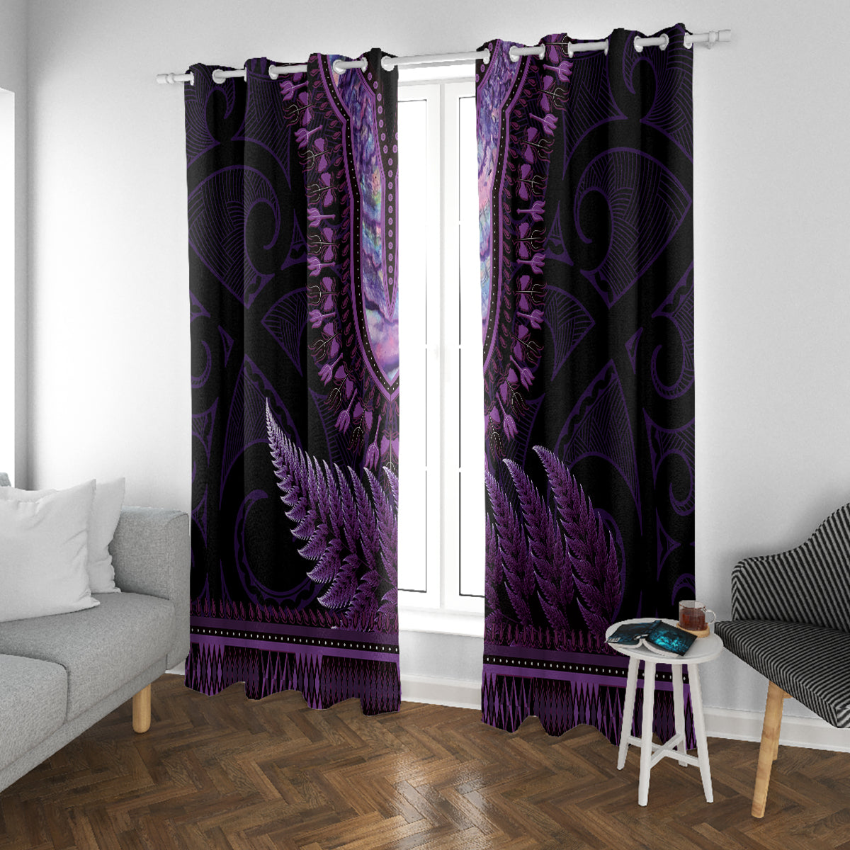 Purple African Dashiki With Aotearoa Maori Window Curtain Paua Shell Mix Silver Fern LT14 With Grommets Purple - Polynesian Pride