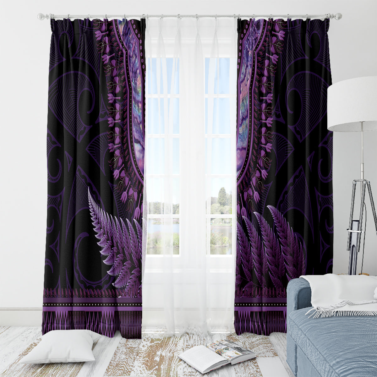 Purple African Dashiki With Aotearoa Maori Window Curtain Paua Shell Mix Silver Fern LT14 - Polynesian Pride
